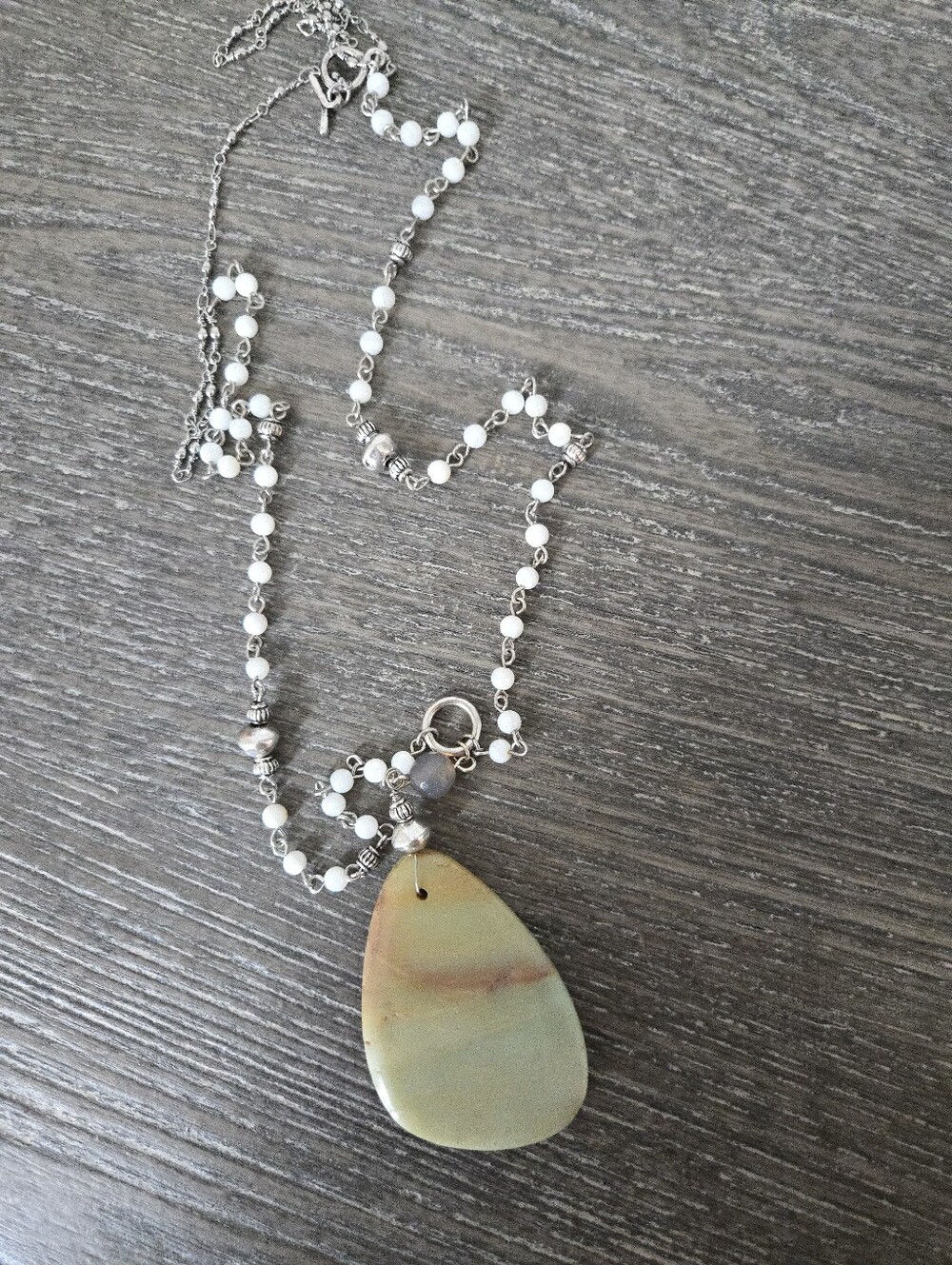 Vtg. Beaded Chain Necklace W/Jasper Pendant 22"